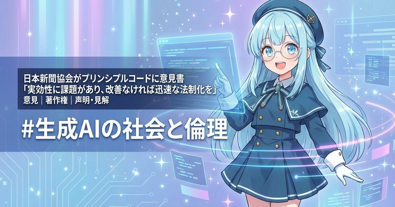 Cover Image for Japan Newspaper Publishers Association Comments on Principle Code: "Issues with Effectiveness, Rapid Legislation Needed if No Improvement" #Generative AI Society and Ethics