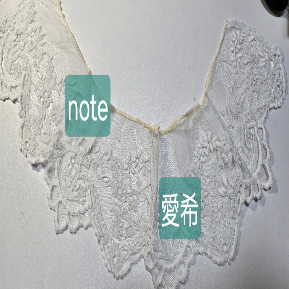 1800年代 キャリックマクロスレース精緻なカットワーク&ニードル刺繍 三つ葉花 アンティークのつけ襟と、厚意のハサミ｜愛希（AKI）