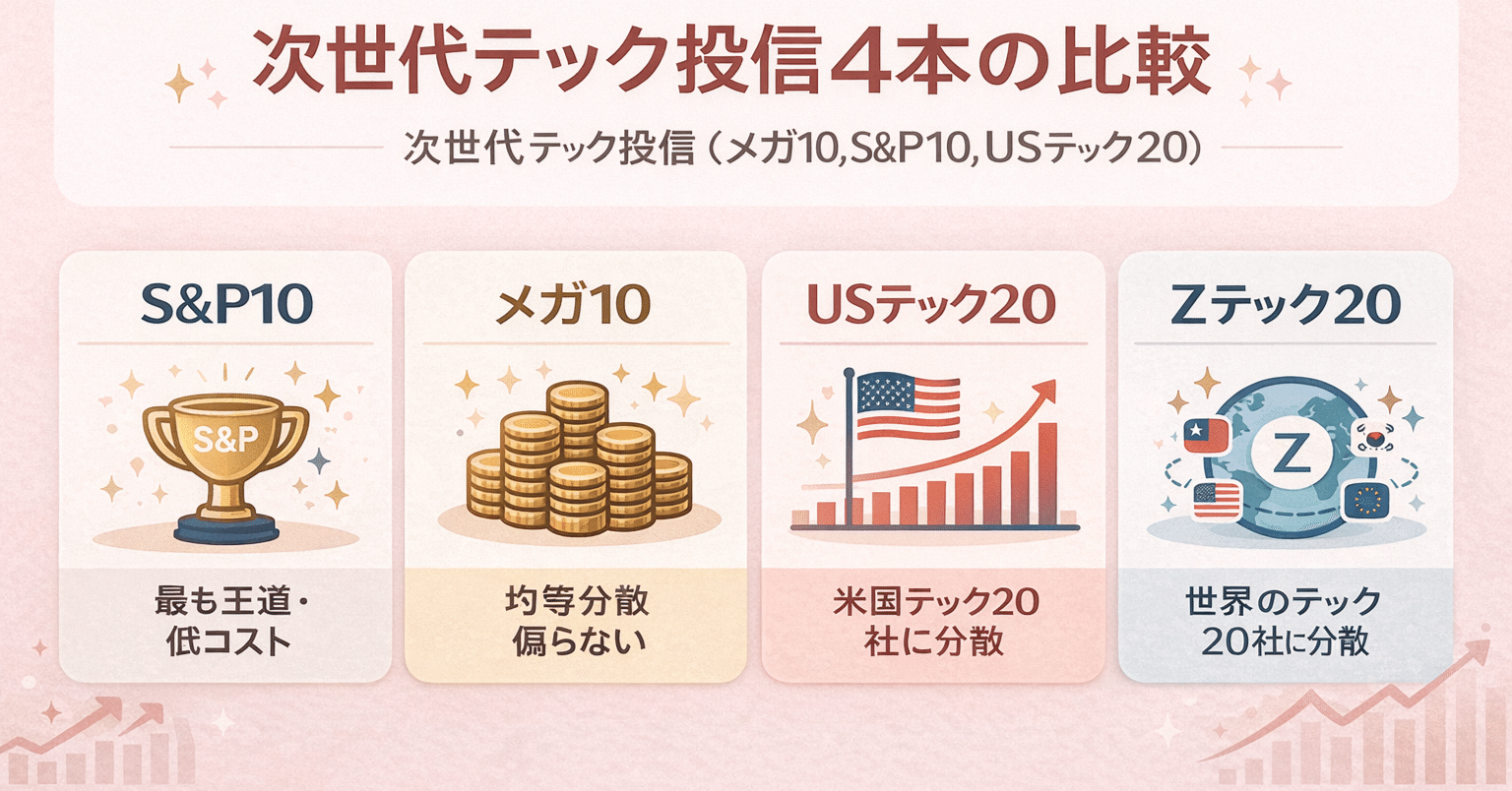次世代テック投信 4本（メガ10/S&P10/USテック20/Zテック20）を徹底比較｜「どれも良さそう」で止まっている人へ｜Zテック20という選択｜突き指イノシシ｜ゆるゆる資産形成