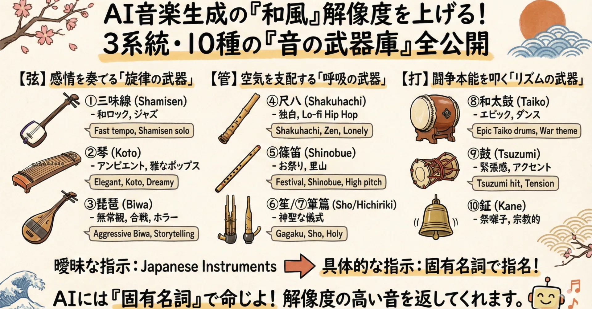 和楽器」はどのくらいあるの？AI音楽生成で使い分けるべき、3系統・10