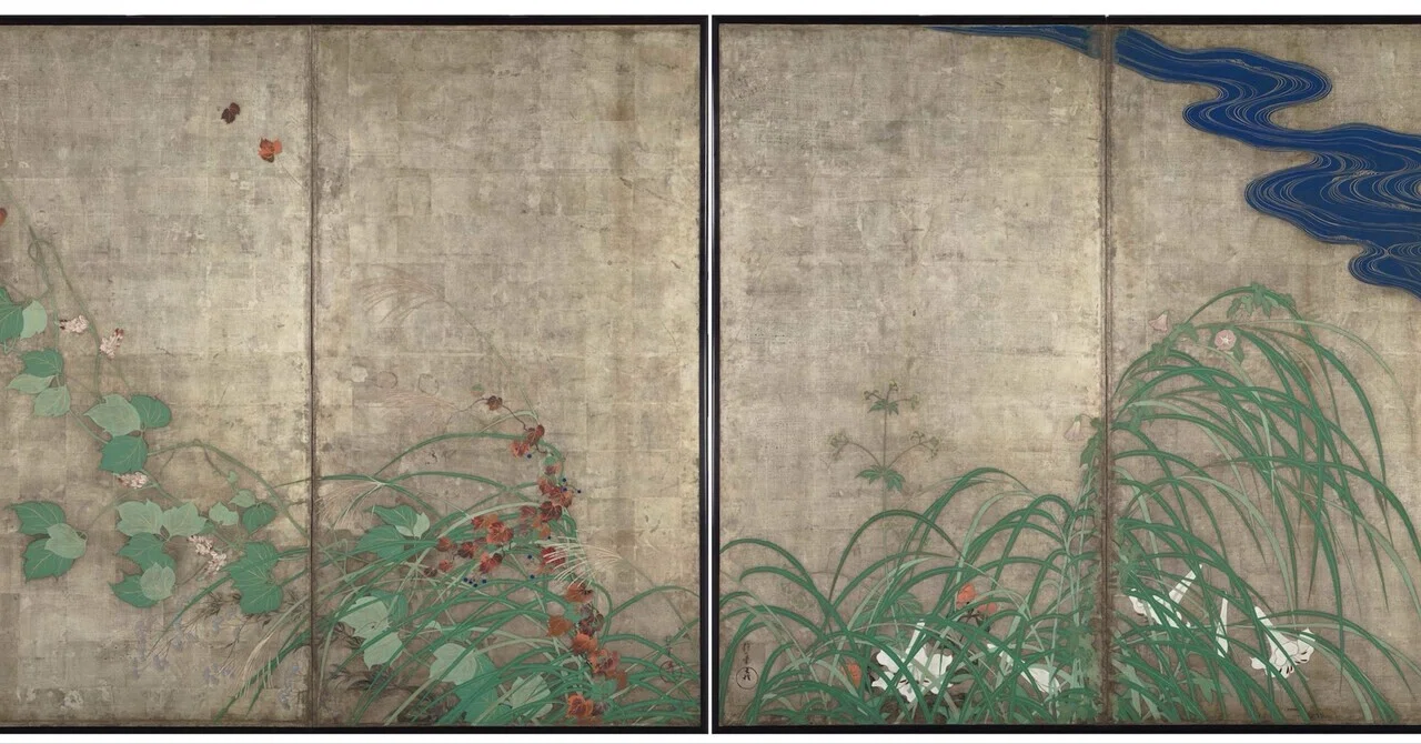 美品 掛け軸 酒井抱一筆「夏秋草屏風図」重要文化財 東京国立博物館 双幅 美品 掛け軸 酒井抱一筆「夏秋草屏風図」重要文化財 東京国立博物館