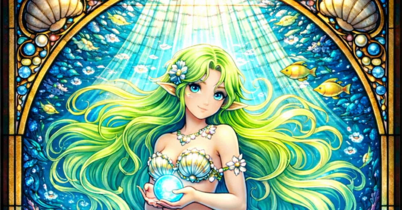 【一点物】 AIイラスト 人魚の美少女 色紙アート 癒やし｜ステンドグラス風｜カード｜人魚｜美少女イラスト｜AIイラスト