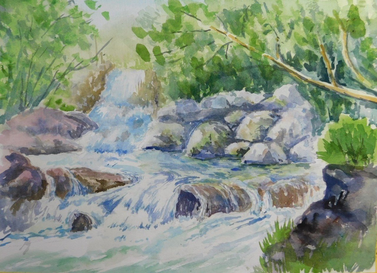 絵画「渓流の釣り」　水彩画 絵画「渓流の釣り」水彩画