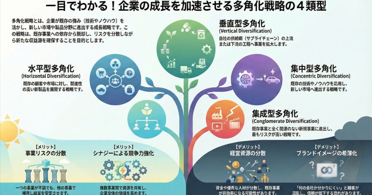 多角化戦略とは？4つの類型とメリット・デメリット、成功のポイントを