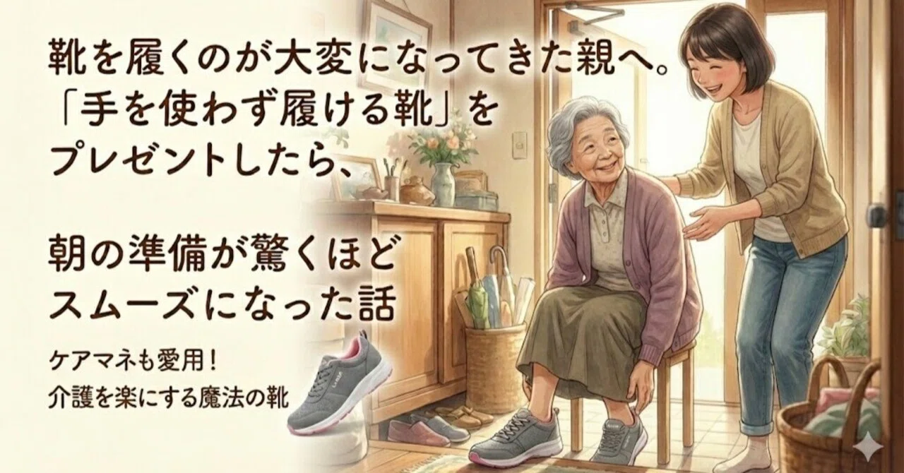 靴を履くのが大変になってきた親へ。「手を使わず履ける靴」をプレゼントしたら、朝の準備が驚くほどスムーズになった話|けあぶん