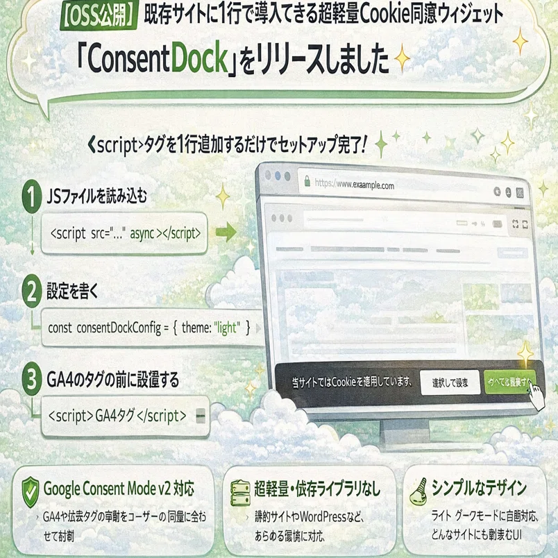 OSS公開】既存サイトに1行で導入できる超軽量Cookie同意ウィジェット