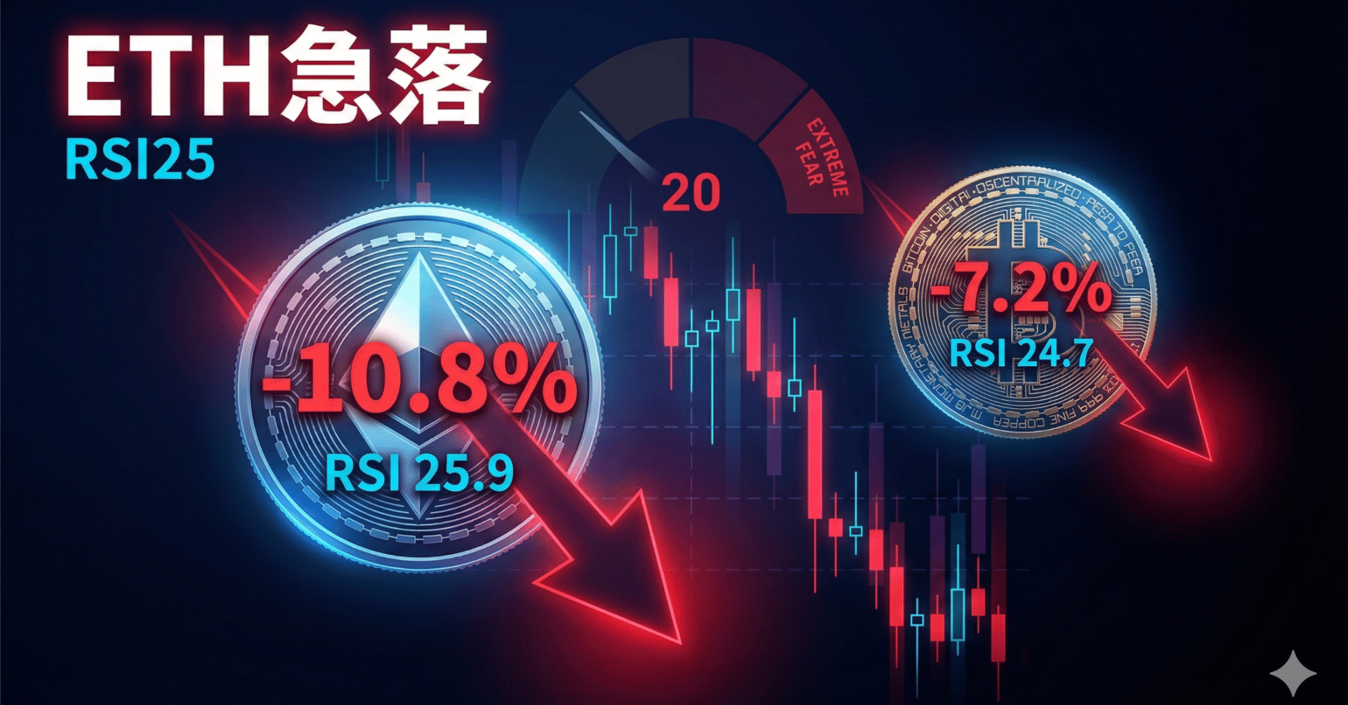ETH急落10.8%でRSI25、BTC恐怖指数20の過冷却相場で反発を見極める戦略｜へそくり投資パパ