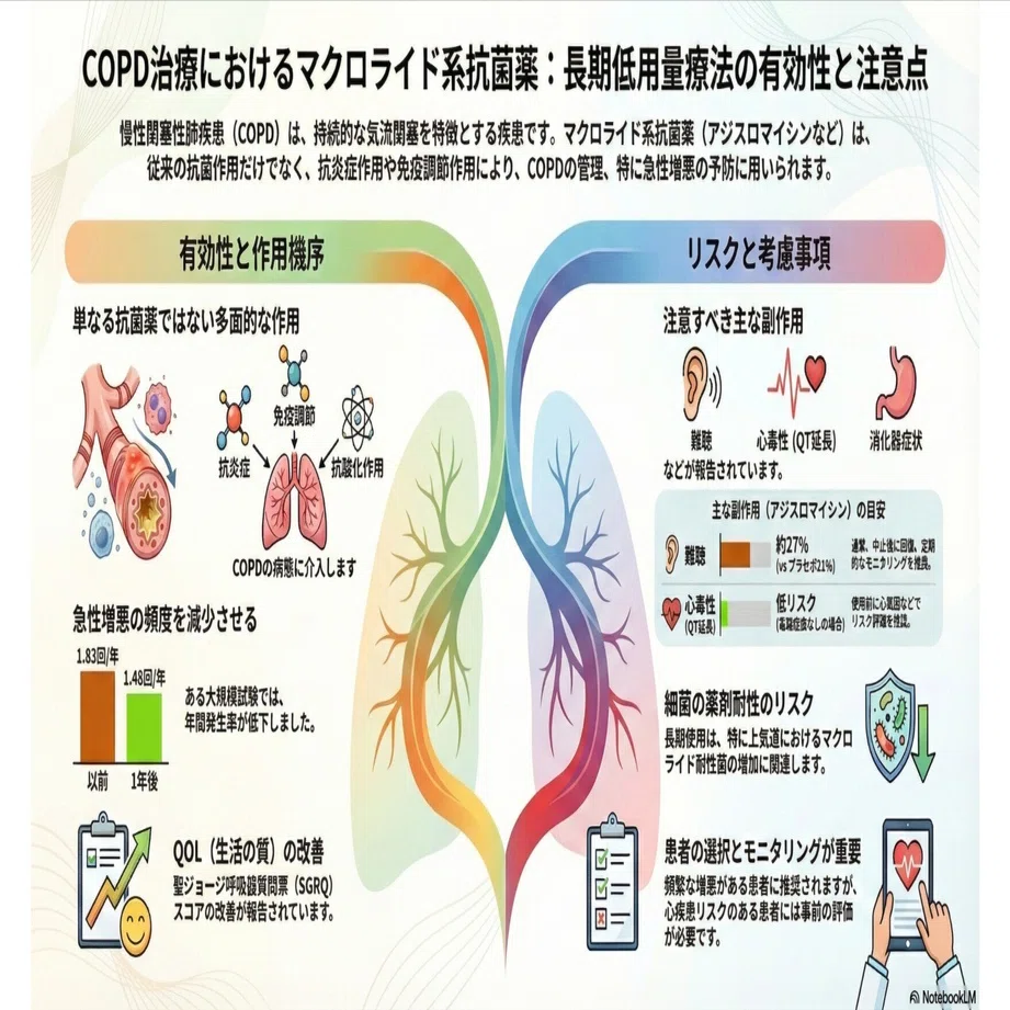 低用量長期マクロライドCOPD治療のメカニズム・有効性・安全性・薬剤