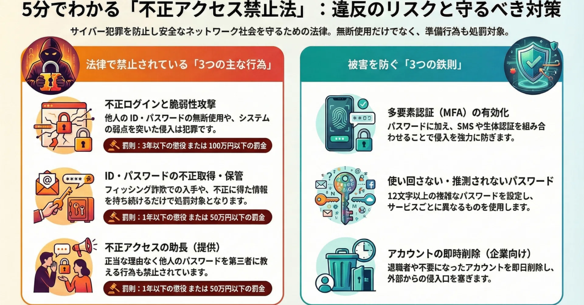 不正アクセス禁止法とは？5つの禁止行為と罰則・事例・対策を詳しく
