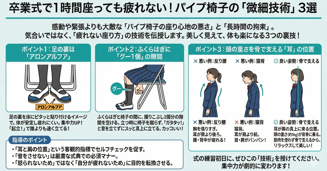 【卒業式指導】「姿勢を良くしろ」と怒鳴る前に教えたい。1時間座っても疲れない、パイプ椅子の「微細技術」3選|とも先生@「常識を疑う」学級経営