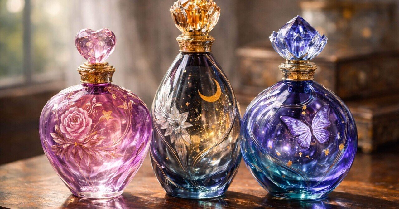 ガラスの不思議なかたちの香水瓶 プロンプト】🫙💎 あなたらしさを、ひとつの瓶に閉じ込めて ― 心象香水