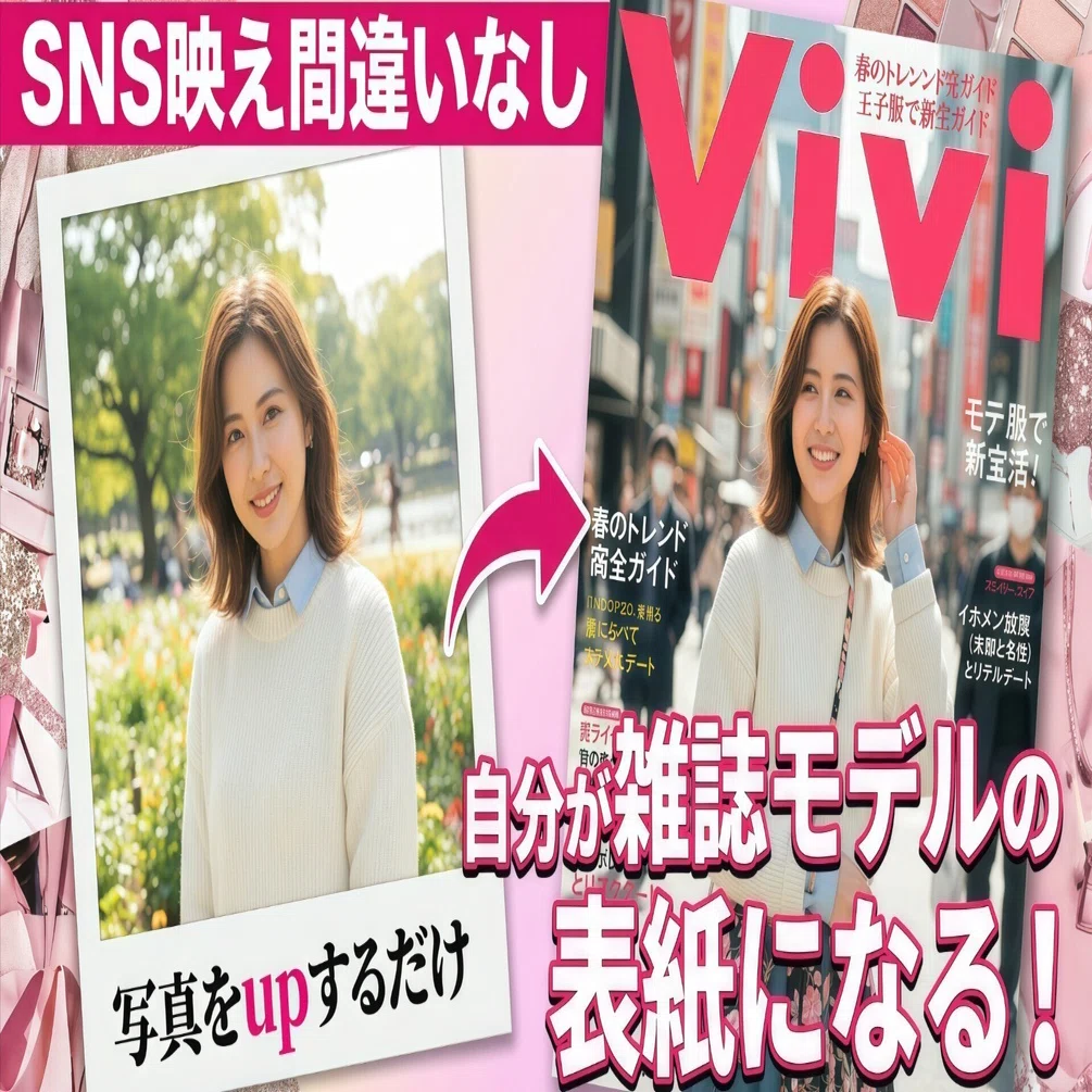 SNS映え間違いなし】写真1枚でプロ級の自分×雑誌モデルの表紙を