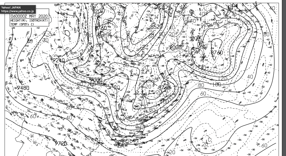 高層天気図(北太平洋300hPa高度・気温・風天気図)