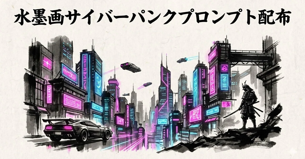 プロンプト配布】墨とネオンの競演。水墨画サイバーパンク｜たぬまる