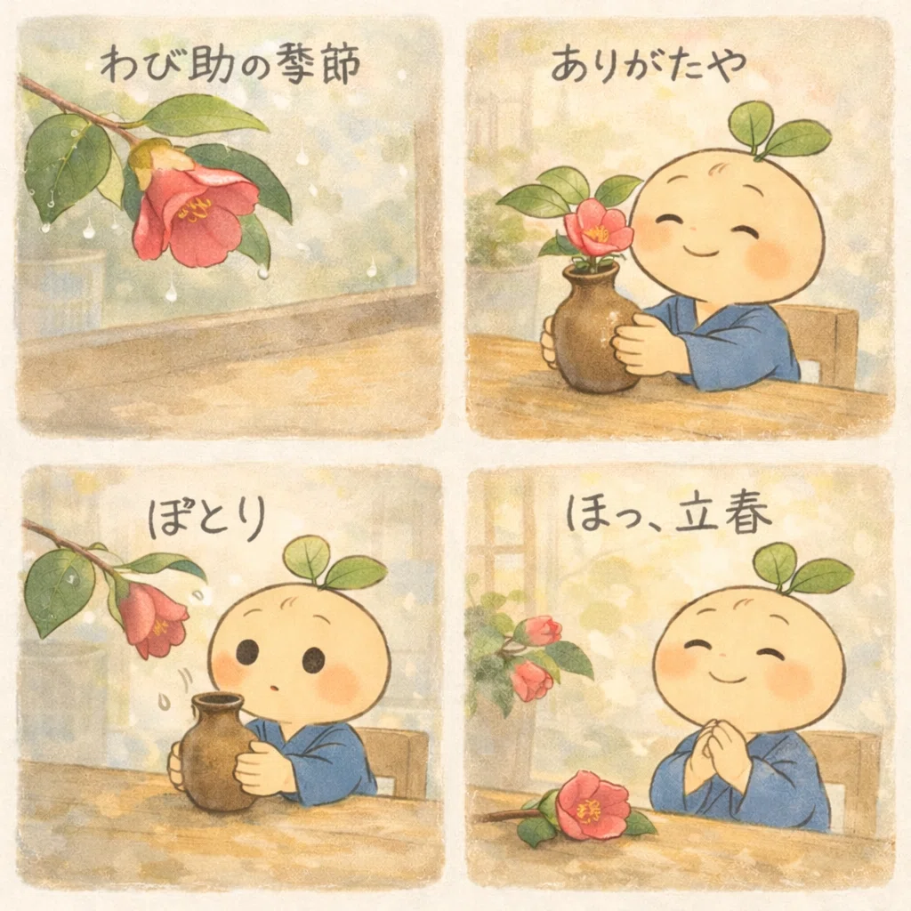 山桜桃と侘助(椿)似顔絵 侘助椿の季節です。｜めがねの整体師オギさん｜KNEAD店主