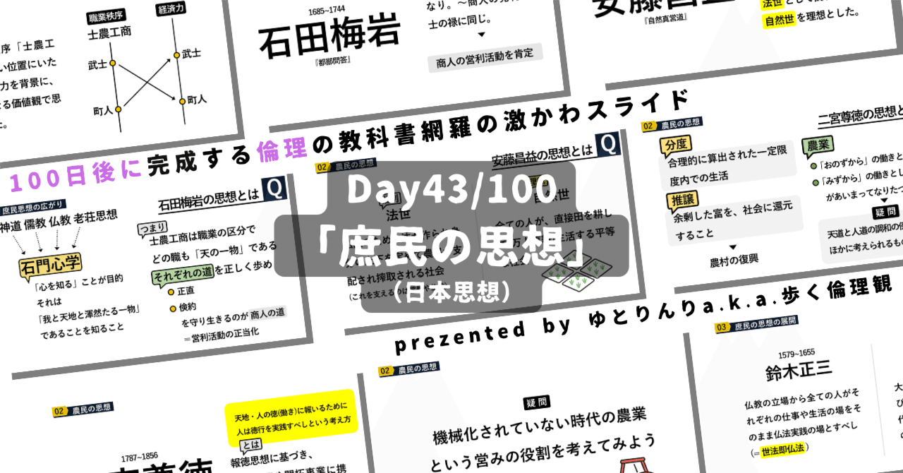 【day43】「庶民の思想(石田梅岩・安藤昌益・二宮尊徳ら)」の授業のパワーポイント！【100日後に完成する教科書を網羅するスライド・指導案】｜ゆとりんり｜ゆとりの倫理教員×授業スライド公開中