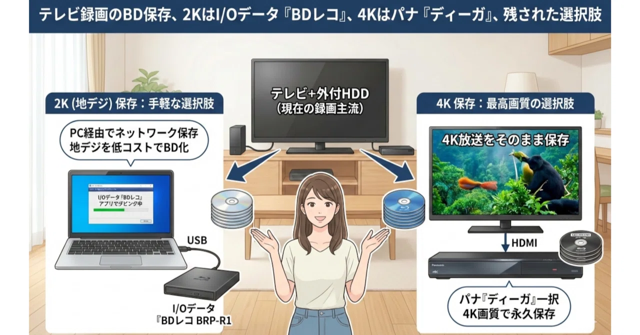 テレビ録画のBD保存、2KはI/Oデータ『BDレコ』、4Kはパナ『ディーガ 