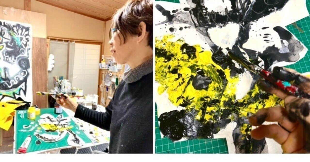 黄色と黒でペイント中｜Momo Quimidori