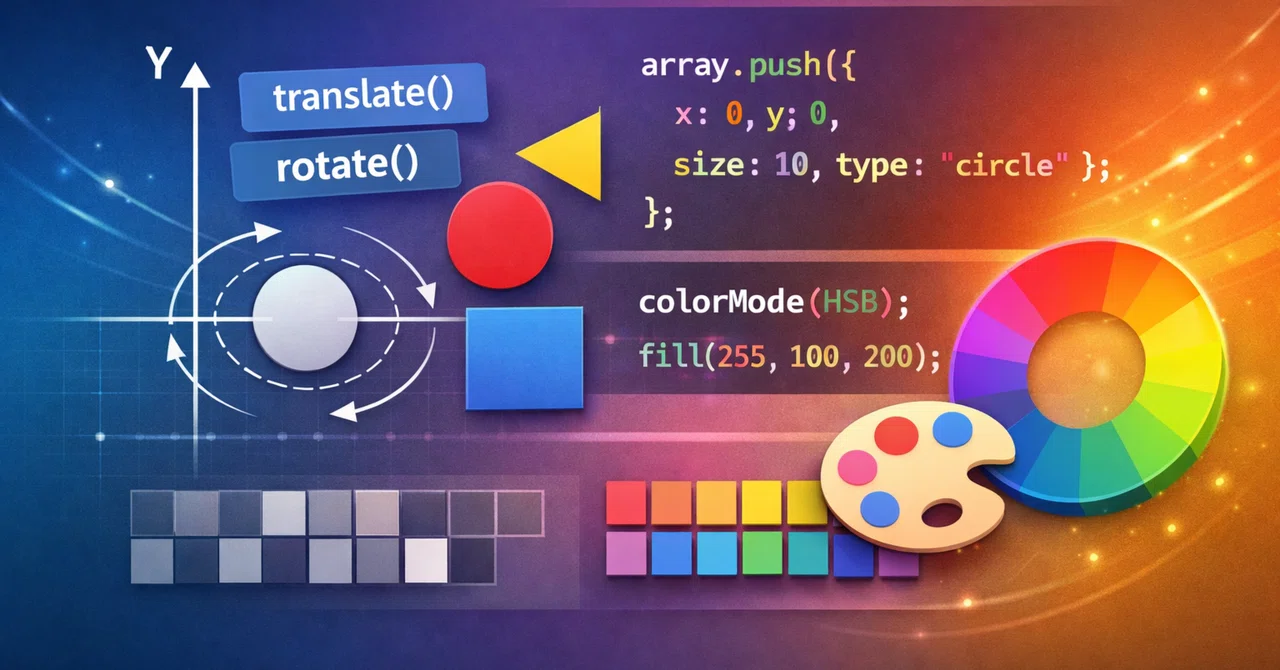 p5.js 技術メモ #02:rotate / 配列 / colorMode|ななち