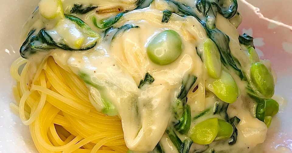 なんだか体に良さそうな 枝豆とほうれん草のクリームパスタ ユキーパパの親子で美味しいパスタレシピ Note