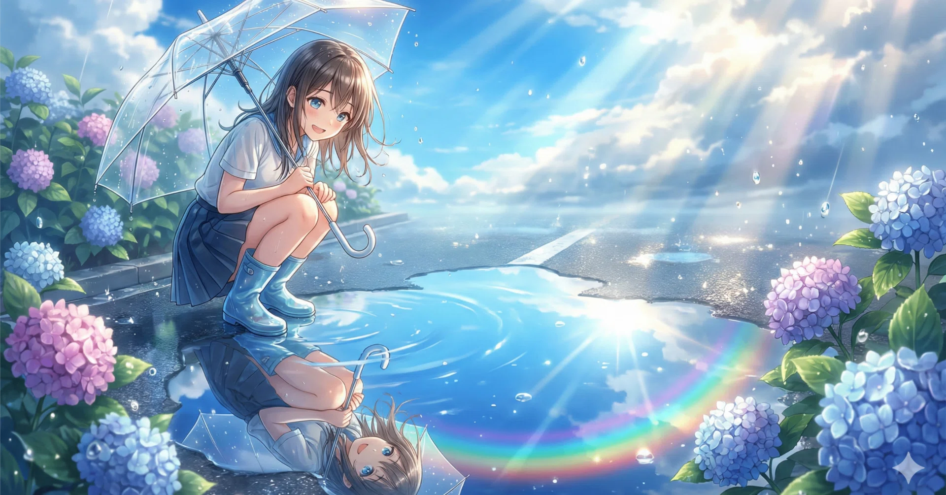 プロンプト配布】 「雨上がりの水溜まり」透明感イラスト作成｜rin39