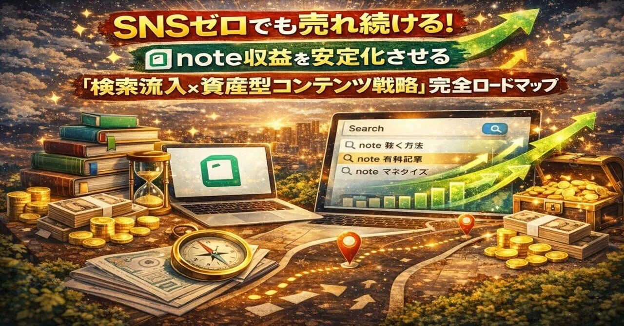 SNSゼロでも売れ続ける！note収益を安定化させる「検索流入×資産型コンテンツ戦略」完全ロードマップ｜AKARI