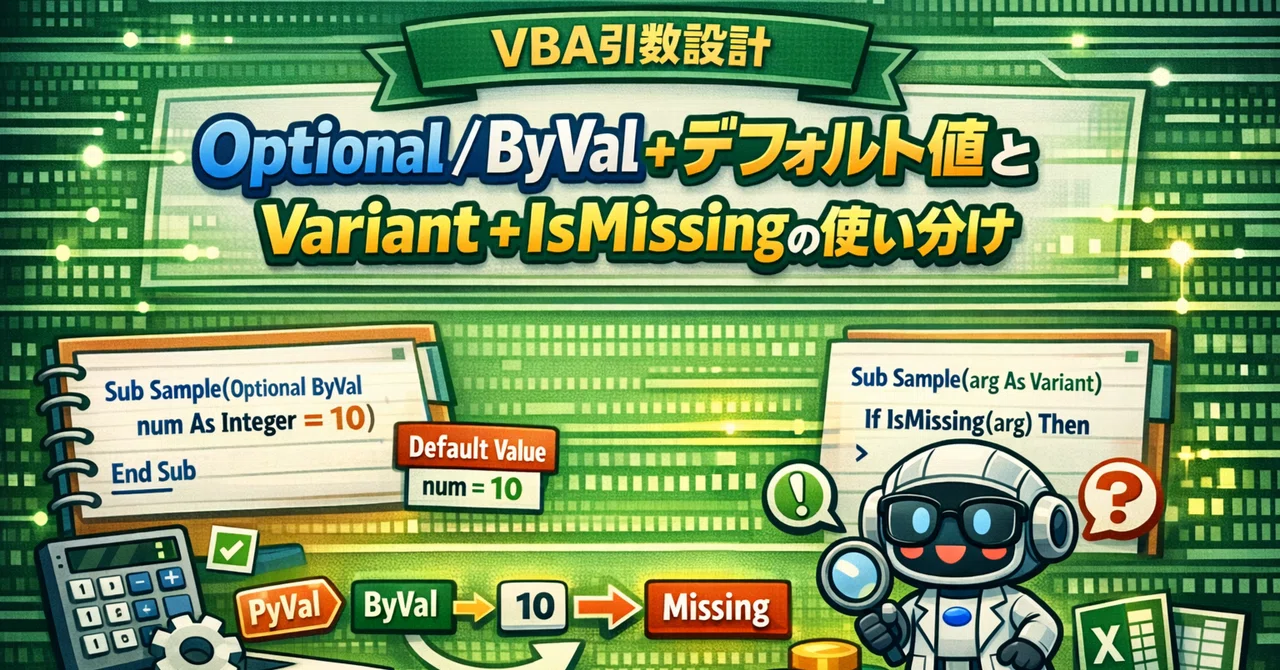 VBA｜引数設計｜Optional｜ByVal + デフォルト値 と Variant + IsMissing の使い分け｜Parusの寺小屋