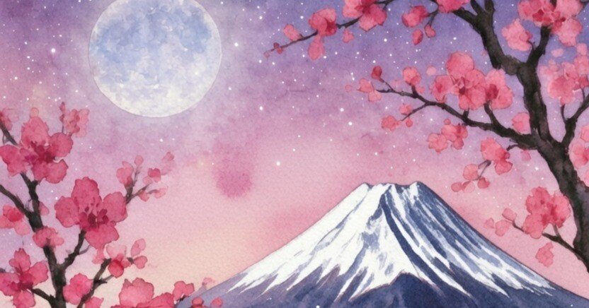 花のしずく』 AIアート – Blossom Dew 満月桜富士山 Full Moon Cherry