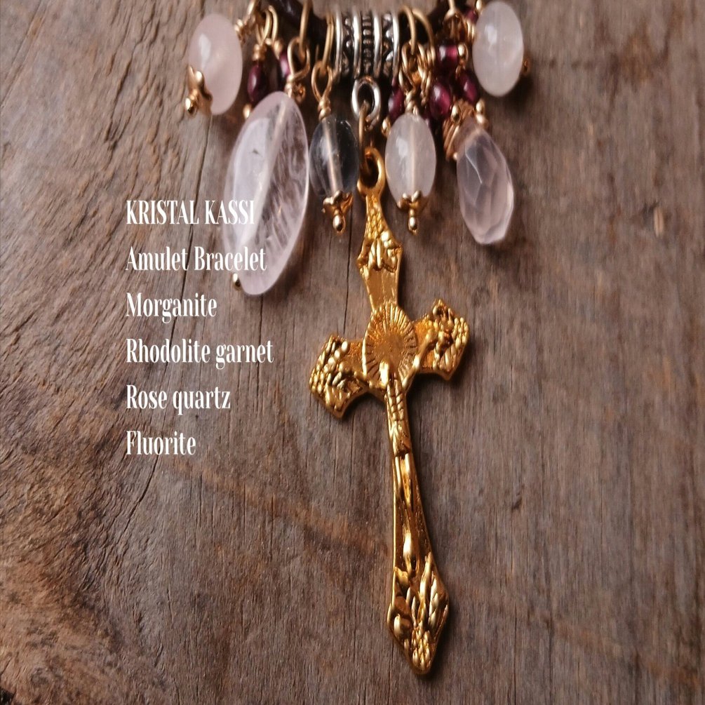 モルガナイト,ローズクォーツ クロスの革紐アミュレット｜masa