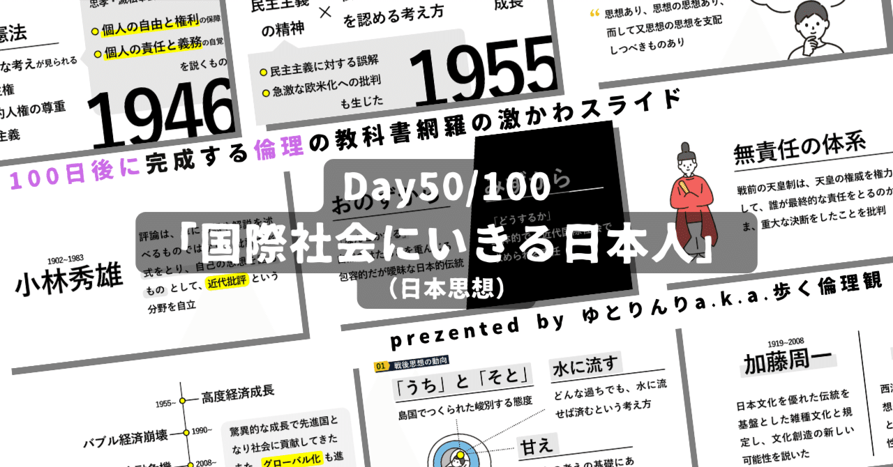 【day50】「国際社会にいきる日本人(北村透谷・丸山真男ら)」の授業のパワーポイント！【100日後に完成する教科書を網羅するスライド・指導案】｜ゆとりんり｜ゆとりの倫理教員×授業スライド公開中