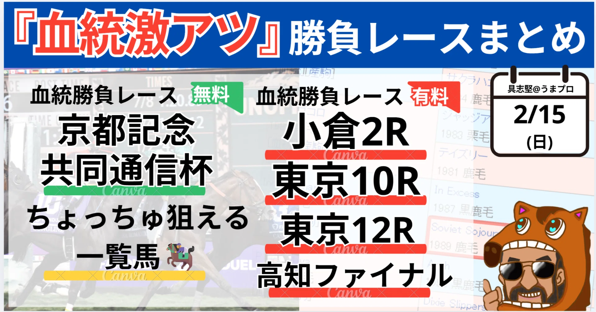2/15（日）血統勝負レース一覧＋ちょっちゅ使える血統辞典該当馬一覧