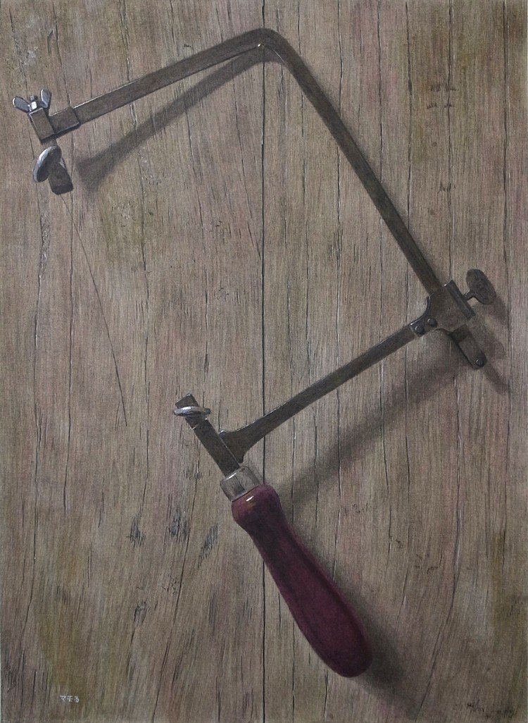 F4号、アクリル絵の具。僕の仕事道具の糸鋸を描きました。
