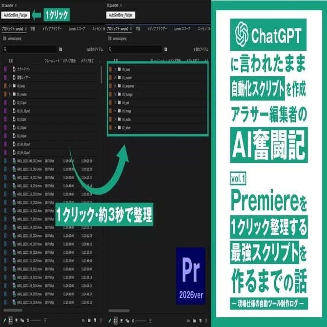 AI初心者のアラサー動画編集者が、Premiereを1クリック整理する最強