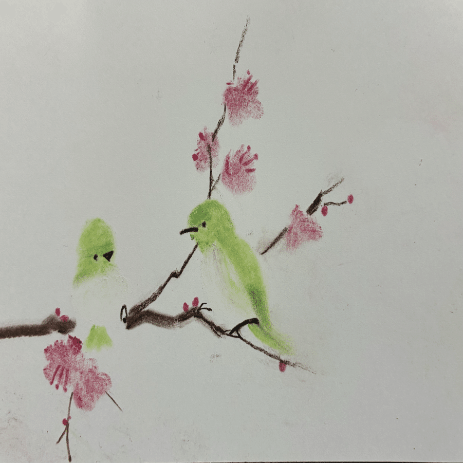 梅とうぐいすのパステル画です。｜まる