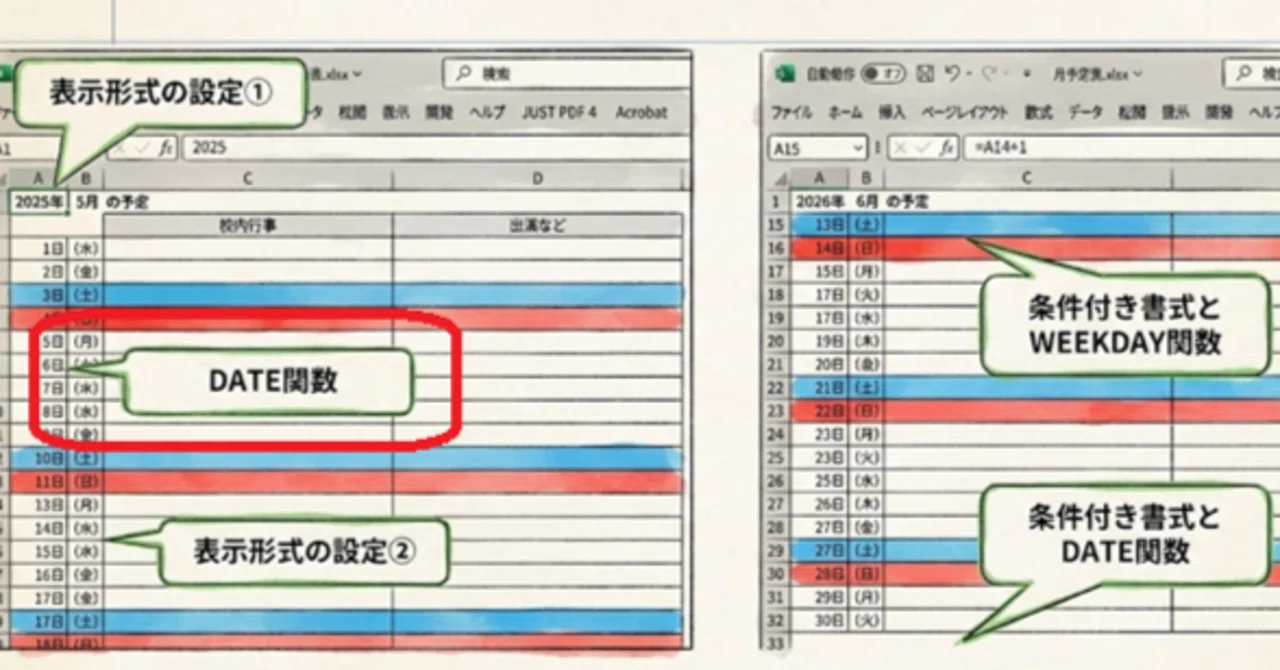 教務主任必見】使いまわせる月予定表を作ろう③―自動で日付を変更