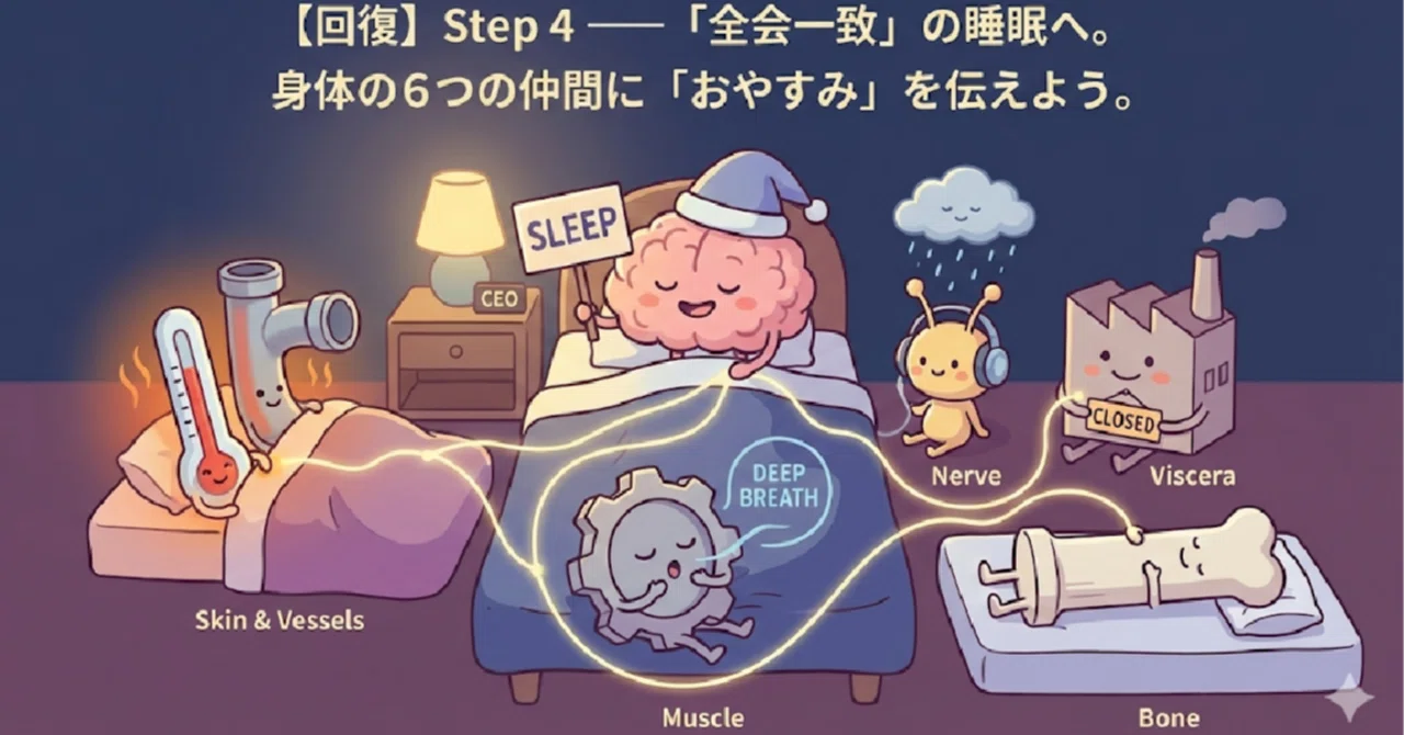 【回復】Step 4 —— 脳だけ寝ようとしていませんか？ 「体全体の合意」をとる、優しい入眠の技術。｜ Life Architect ...
