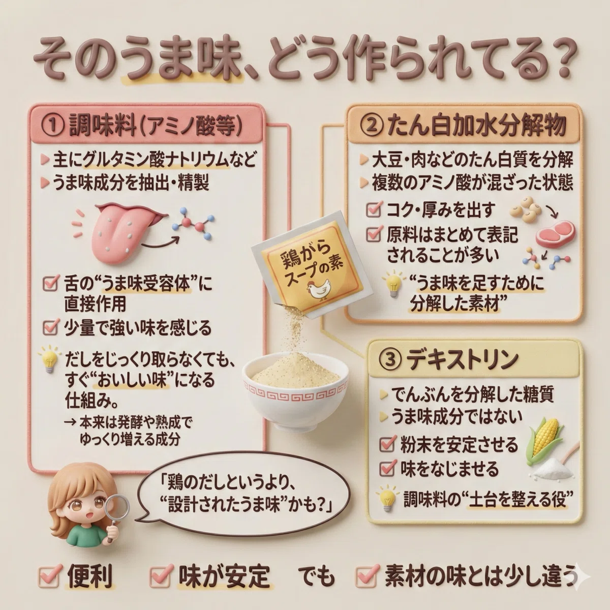 添加物がどうやって作られているか説明している図解、