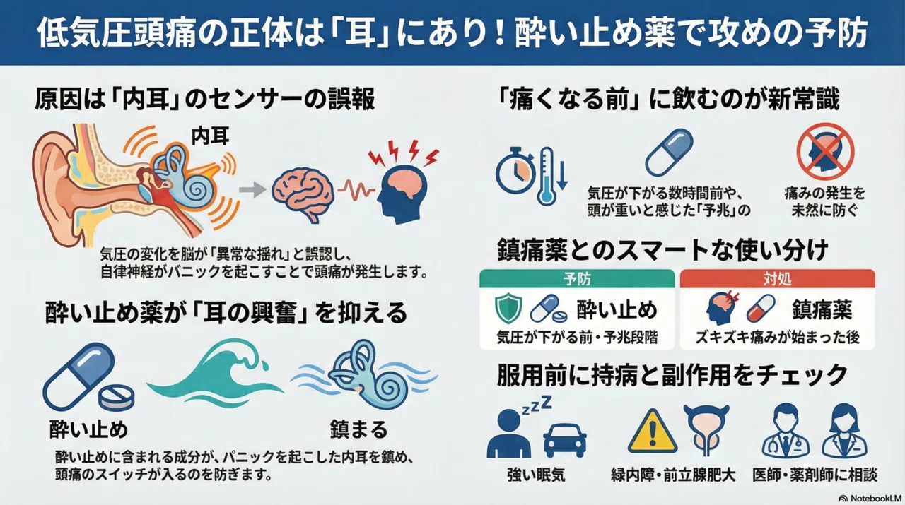 気圧 頭痛 酔い 止め