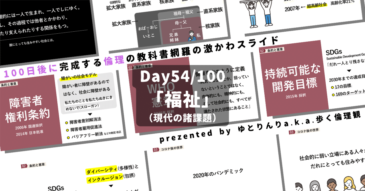 【day54】「福祉」の授業のパワーポイント！【100日後に完成する教科書を網羅するスライド・指導案】｜ゆとりんり｜ゆとりの倫理教員×授業スライド公開中