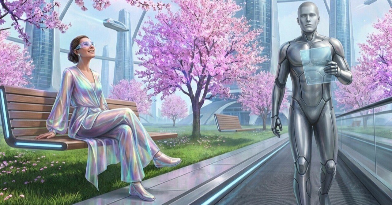 西暦3000年の永遠に咲く桜を見ながら花見をする美女と、その横を足早に