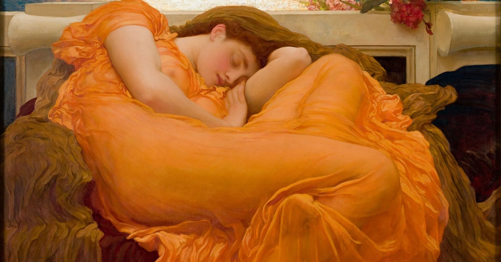 フレデリック・レイトンによる名画 サマー・スランバーSummer Slumber 眩しいオレンジ色のドレス。フレデリック・レイトン『燃え上がる6月