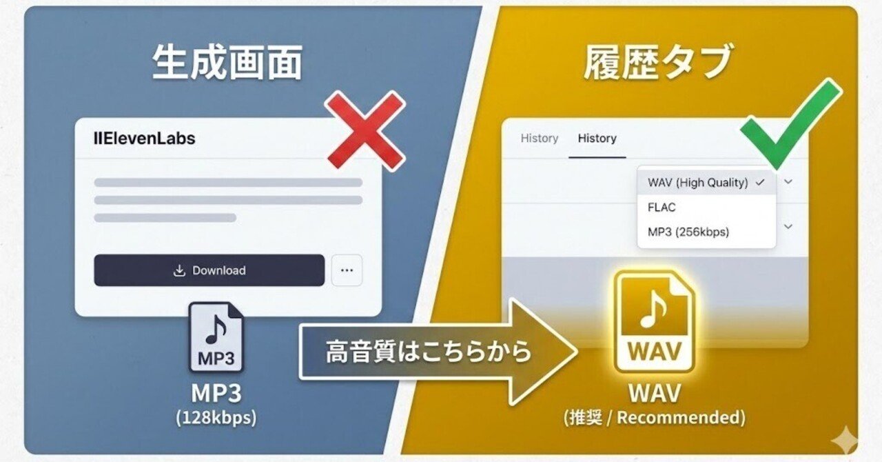 ElevenLabs】音声データをDLする場所によって音質（形式）が異なるので