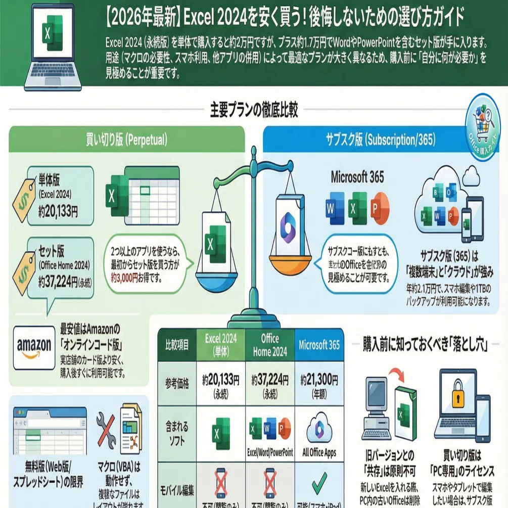 エクセルのみ欲しい人必見！単体版Excel 2024の最安値と「無料で使う裏 
