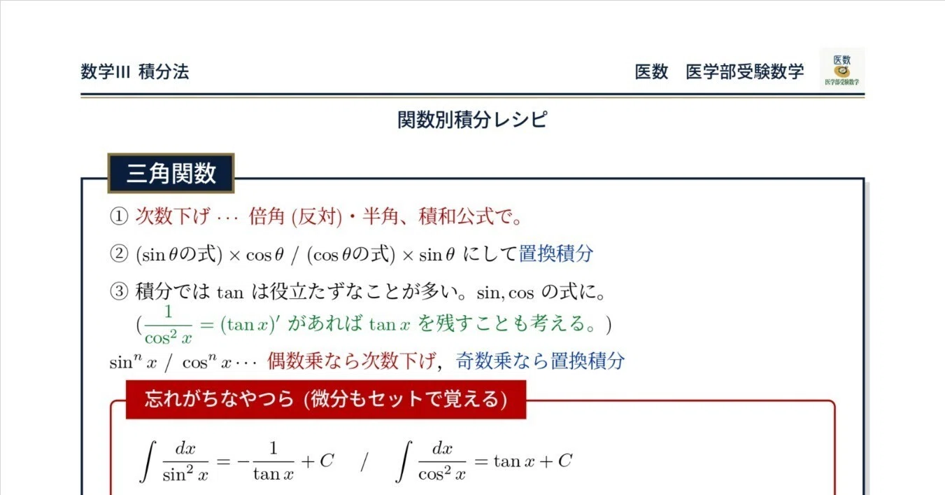 無料配布】関数別積分計算方法まとめ【数Ⅲ_レシピ】｜医数【医学部