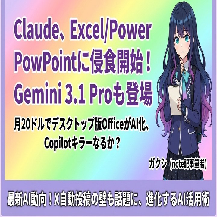 こうくり ページ Claude がExcelに侵食開始、Gemini 3.1 Pro登場、X自動投稿の壁