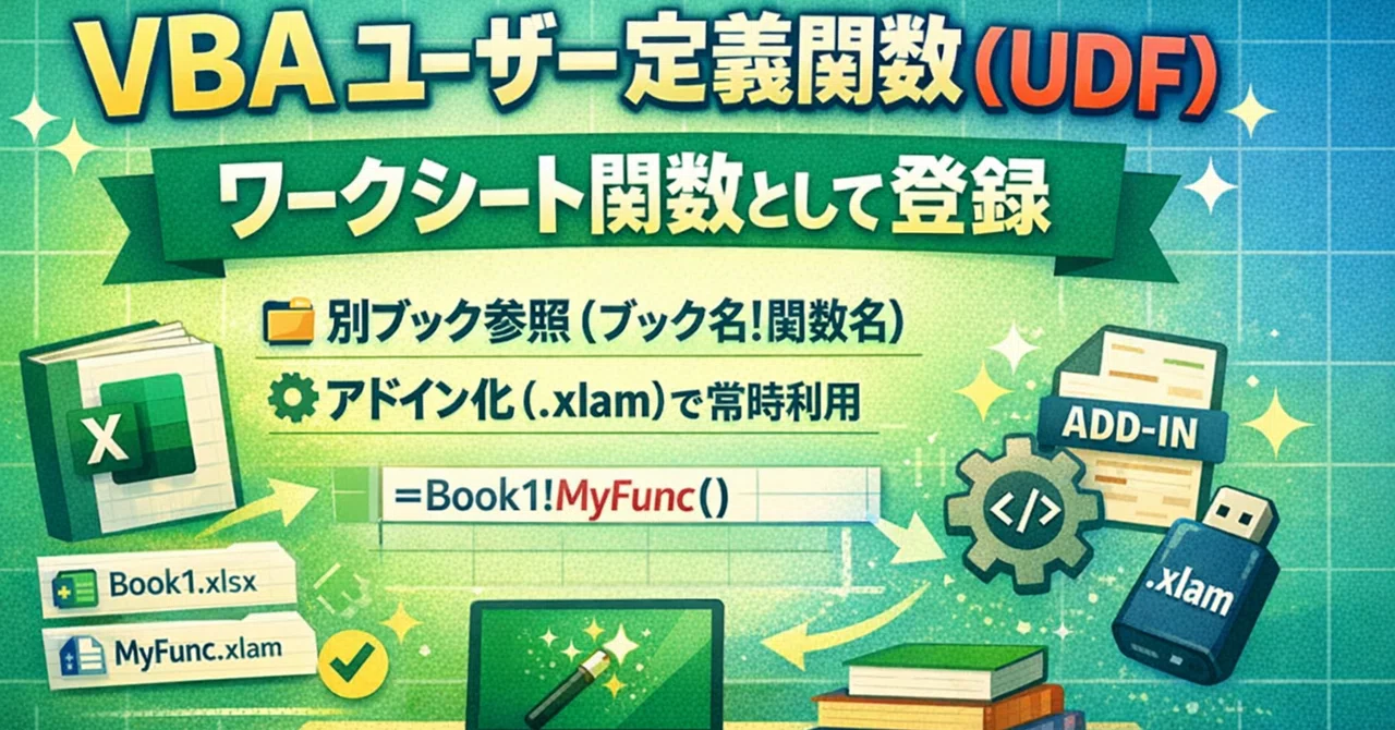 VBA｜ユーザー定義関数（UDF）｜ワークシート関数として登録｜別ブック参照（ブック名!関数名）とアドイン（.xlam）化で常時利用 ...