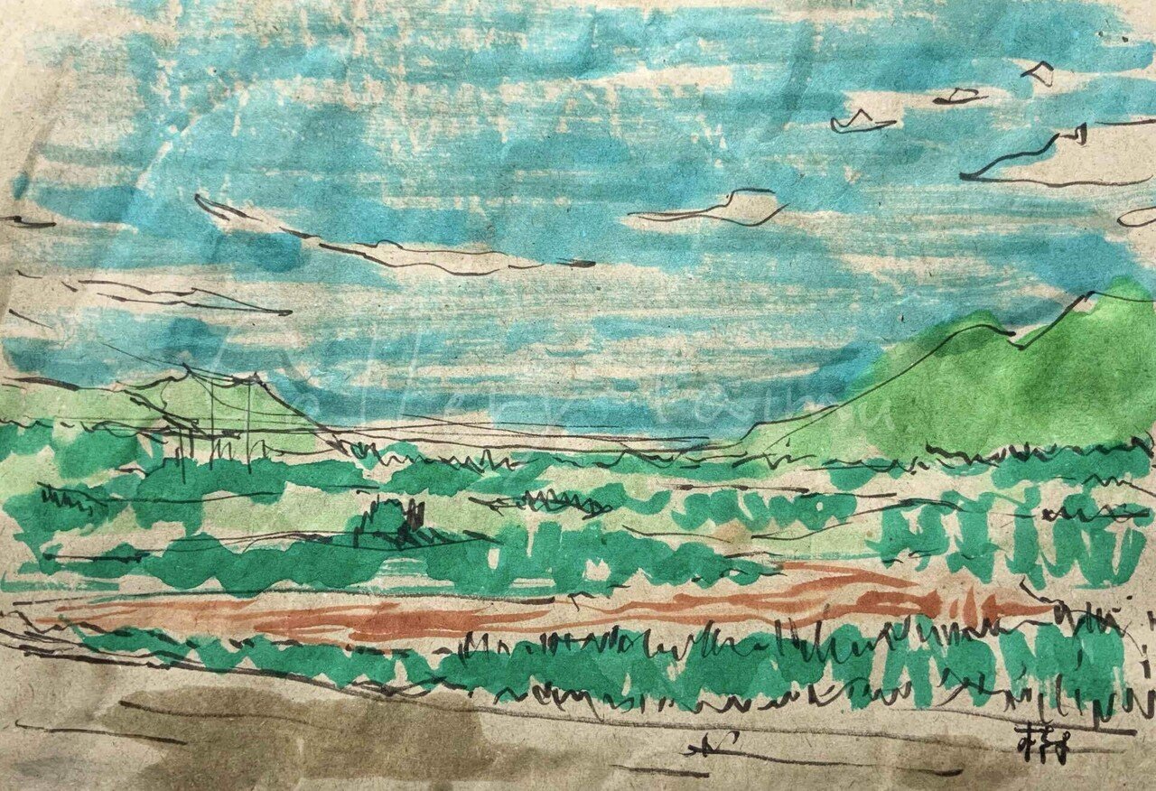 スケッチ 田んぼと海｜樹