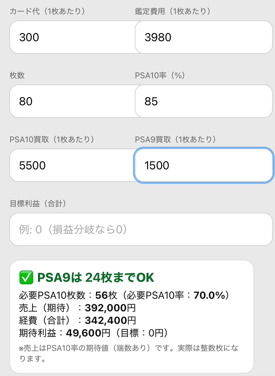 PSA鑑定の損益分岐点計算ツールを作った。AIで。【IT知識なし