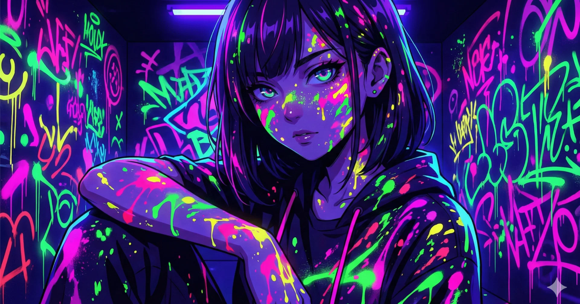 プロンプト配布】 「ブラックライトと蛍光塗料」輝かしい少女イラスト