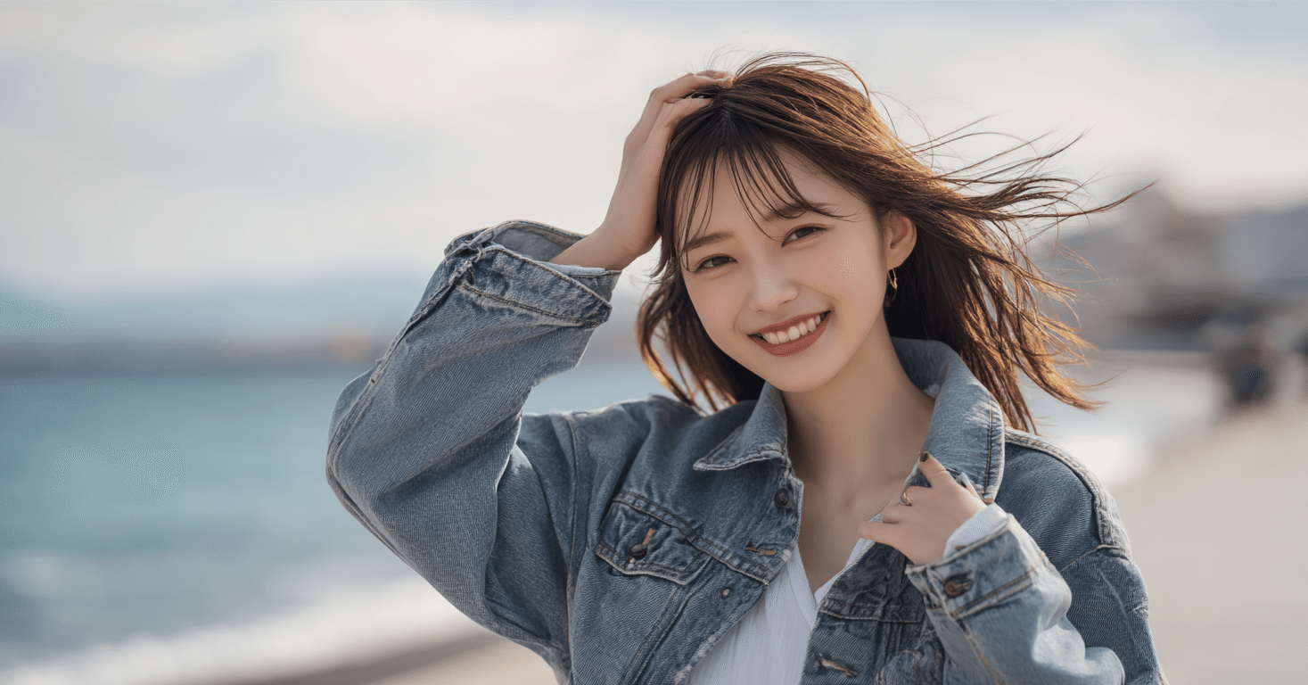 画像生成AI】「デニムジャケット✖️白スニーカーの美人OL」をAIで生成